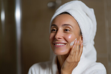 A smiling woman applies skincare cream to her face, reflecting a moment of self-care and beauty in a cozy bathroom with warm lighting and a serene atmosphere.
