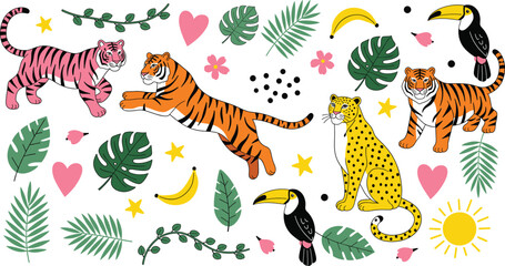 Colorful hand-drawn vector collection of wild jungle and tropical animals including tigers, leopard, and toucans, surrounded by lush green palm leaves and exotic fruit.