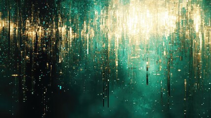 Abstract background showing bright glowing golden and teal rectangular particles and light streaks falling downwards. Creating a dynamic digital matrix effect with a futuristic and technological feel