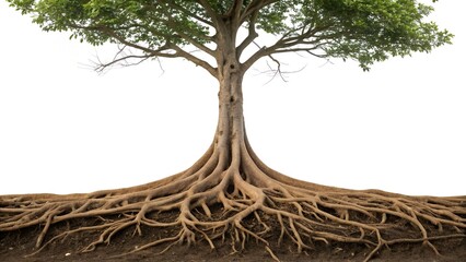 Majestic Tree With Intricate Root System Visible Against White Background