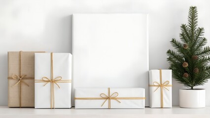 Minimalist Christmas Scene With White Canvas And Gifts In Gold Ribbon