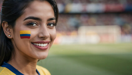 Happy Young Colombian Female Fan with Flag Painted on Cheek at Football Stadium