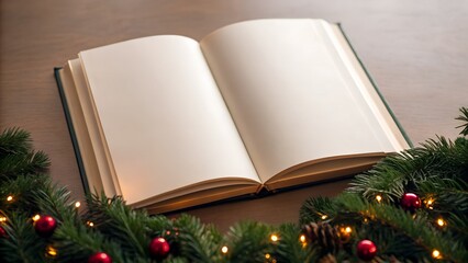 Open Blank Book Surrounded by Christmas Garland and Lights on Wooden Table