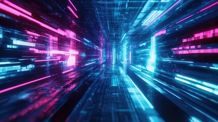 Abstract tunnel featuring fast moving data streams in neon blue and pink, representing high speed digital communication, information flow, and advanced technology concepts