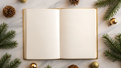 Open Blank Notebook Surrounded by Festive Christmas Decorations Pinecones Golden Baubles and Green Fir Branches on Marble Surface
