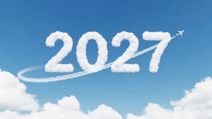 The Year 2027 Written with Clouds and Airplane Trail Against Blue Sky