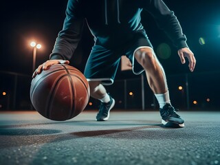 Fototapeta premium Night Court Action: Low Angle of Basketball Player Dribbling Under Bright Outdoor Lights