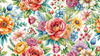 Colorful vintage floral seamless pattern with blooming roses and wildflowers, Botanical illustration, Decorative wallpaper design