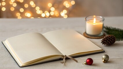 Open Notebook With Candle And Christmas Ornaments On White Wooden Table With Bokeh Lights