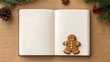 Open Notebook With Gingerbread Man And Christmas Decorations On Brown Background Top View