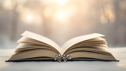 Fototapeta premium Open Old Book With Snowflake Bookmark On Snowy Background Golden Hour Light