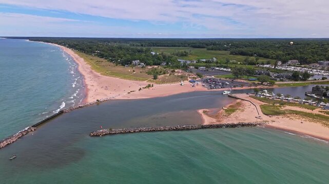 High aerial push in shot of New Buffalo Beach