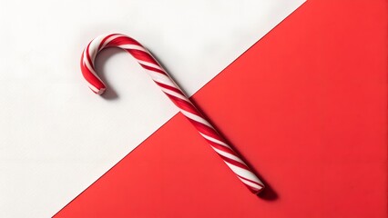 Red And White Striped Candy Cane On A Diagonal Red And White Background With Soft Lighting