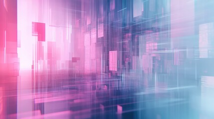 Futuristic abstract technology background with glowing pink and blue grids and geometric lines suggesting data flows, virtual connections, ai networks and digital architecture