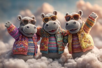 Drei niedliche Nilpferde mit Sonnenbrillen und bunten Patchworkjacken auf Wolken