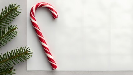 Red And White Striped Candy Cane With Green Pine Needles On White Paper Background With Copy Space