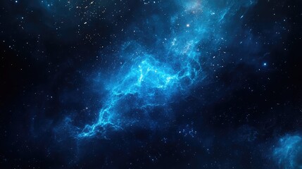 Obraz premium Blue nebula streams energetic glowing light across the vast dark of deep space, sprinkled with bright stars and cosmic dust creating a dramatic interstellar scene