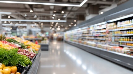 Fototapeta premium Bright supermarket interior with fresh produce and blurred shelves for copy space available on the left side of the scene
