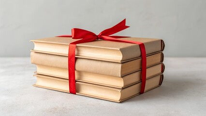 Stack of Books Tied with a Red Ribbon as a Gift on a Textured Background