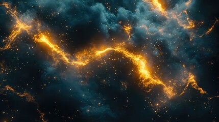 Luminous cosmic energy streams, sparkling with golden particles, flow through dark space and abstract nebulous clouds, creating an intense, mysterious, and captivating background