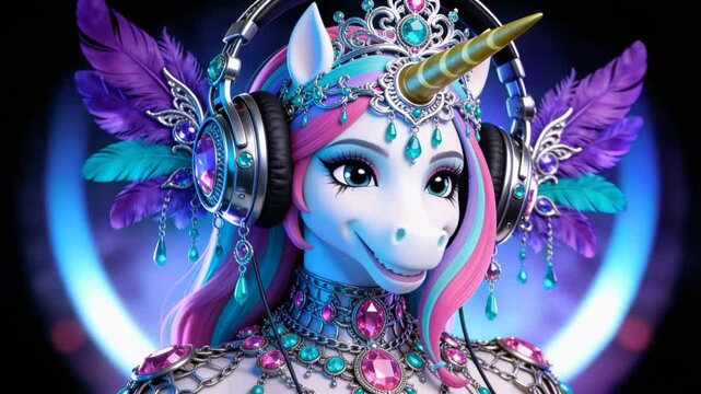 Unicorn princess with jeweled crown and headphones bobs her head to the beat in bliss, vibrant multicolored mane flows amid glowing feathers and pulsating rings in a neon-lit fantasy scene
