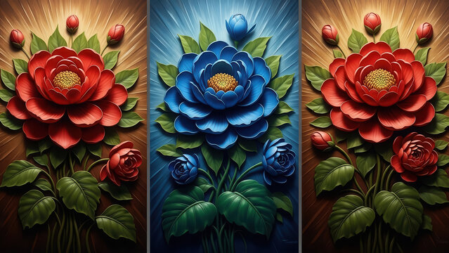 Triptych floral wall art featuring vibrant red and blue blossoms