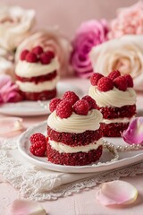 Mini red velvet cakes with cream cheese frosting and raspberries sit on a white plate. Lace napkin, pearls and rose petals add soft feminine Valentine charm.