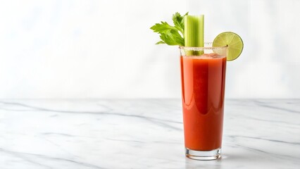 Tall Glass Bloody Mary Cocktail With Celery And Lime Garnish On Marble Countertop