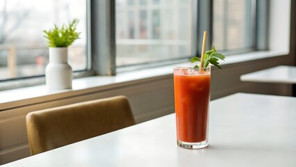 Tall Glass of Bloody Mary Cocktail with Celery Garnish and Straw on White Table Near Window
