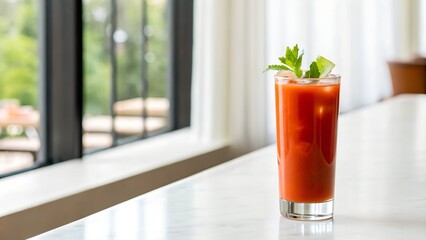 Tall Glass Of Red Tomato Juice Cocktail With Celery Garnish On White Countertop With Blurred Green Outdoor Background