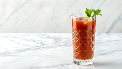 Tall Glass With Red Tomato Juice Cocktail and Celery Garnish on White Marble Countertop