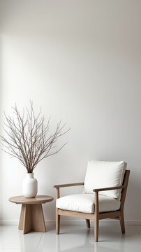 Minimal monochrome living room with textured white plaster wall lounge chair sculptural decor and wide negative space in a calm modern interior