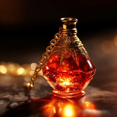 Glass bottle with red liquid of love magic potion, elixir. Accessory of a witch, sorceress, fortune teller, chemist