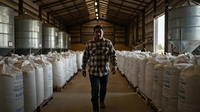 A male farmer walks through a large agricultural grain storage warehouse. Worker inspecting rows of sacks filled with harvested crops. Food production and supply chain concept