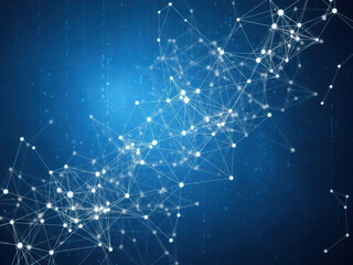 Abstract network of white dots and lines on a dark blue digital background