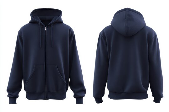 Blank Navy Blue Zip-Up Hoodie Mockup Template. Detailed front and back views of a dark sweatshirt jacket isolated on white background for apparel design and branding.