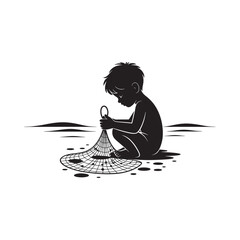 Silhouette of a young boy carefully crafting with a woven basket by the shore