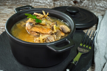 Stewed pork loin with mushrooms.