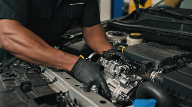 Mechanic installing a new AC compressor in a car engine. Professional technician working on vehicle maintenance in a garage. Automotive repair concept