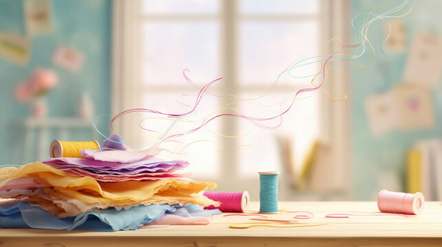 Colorful sewing still life with stacked pastel fabrics, flying loose threads and spools of thread on a wooden table in a soft-focus craft room, bright creative handmade mood