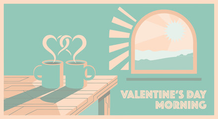 Vintage Valentine&rsquo;s Day morning with coffee mugs and sunrise window