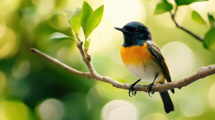 vibrant bird perched on a branch in a lush green forest