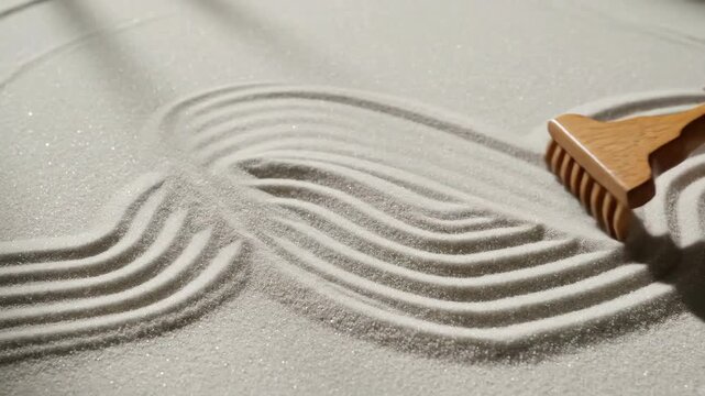 Woman raking zen sand patterns from above. Mindful garden creation sequence in macro view. Tranquility and meditation concept in miniature landscape design.