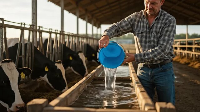A farmer pours water into a trough for cows on a dairy farm. A man caring for livestock in a barn. Agriculture and animal husbandry concept