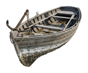 Old wooden boat anchored on shore coastal area isolated on transparent background