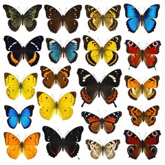A collage of varied butterfly species on a white background