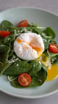 Pochiertes Ei auf Spinatsalat