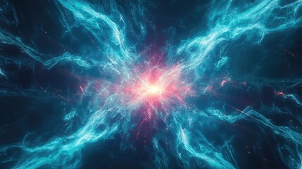 Obraz premium Abstract nebula forming luminous teal and pink plasma waves, creating a vibrant background with a central bright light representing power, creation, and speed