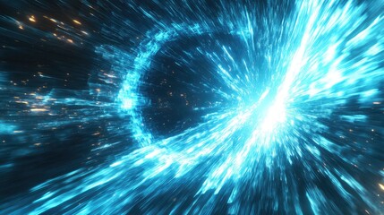 Obraz premium Energetic blue light particles are rushing forward through a digital data tunnel, creating a futuristic effect of speed, technology, and cosmic travel ideal for backgrounds and concepts