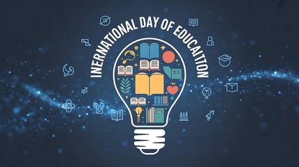 Glowing light bulb filled with books and educational symbols on a cosmic background